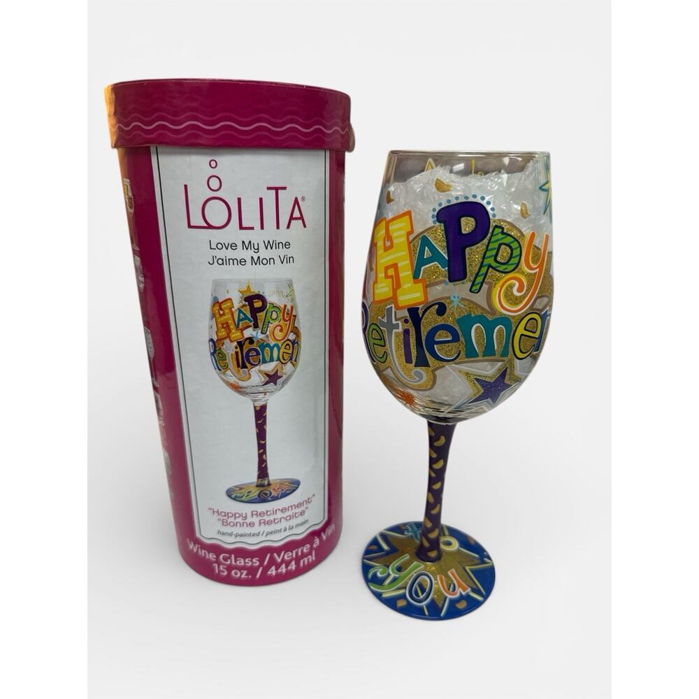 Lolita Love My Wine “Happy Retirement” Hand Painted 15 oz Glass New in Box